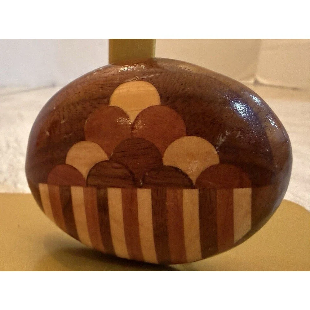 Vintage 1970s Wood Inlaid Scarab-Like Belt Buckle Geometric Marquetry Veneer Art